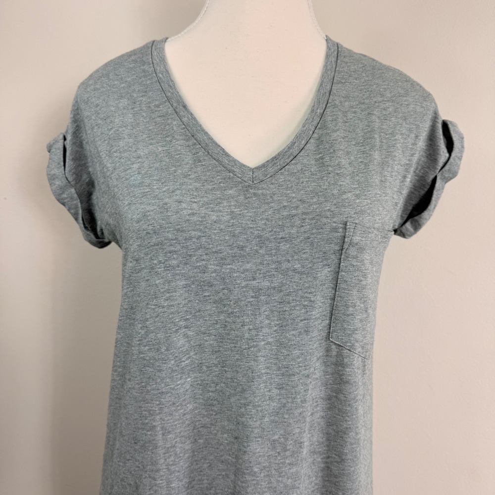 Cuyana Pima Cotton V-Neck Short Sleeve Midi Dress Heather Grey SM Pocket Slit - Picture 5 of 10